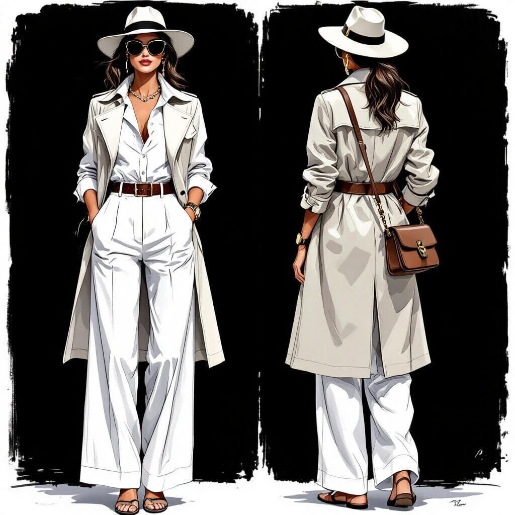 Black and White Fashion Illustration of Safari Outfit