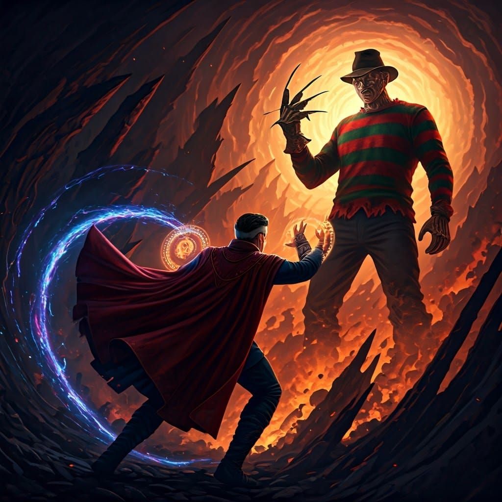 Doctor Strange in an epic encounter against Freddy Krueger