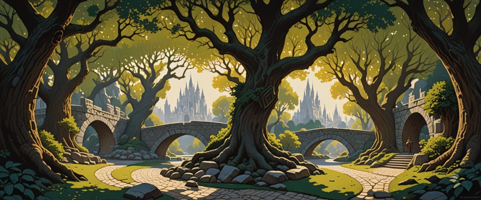 Fantasy Scene: White City, Stone Bridge, and Flying Dragons