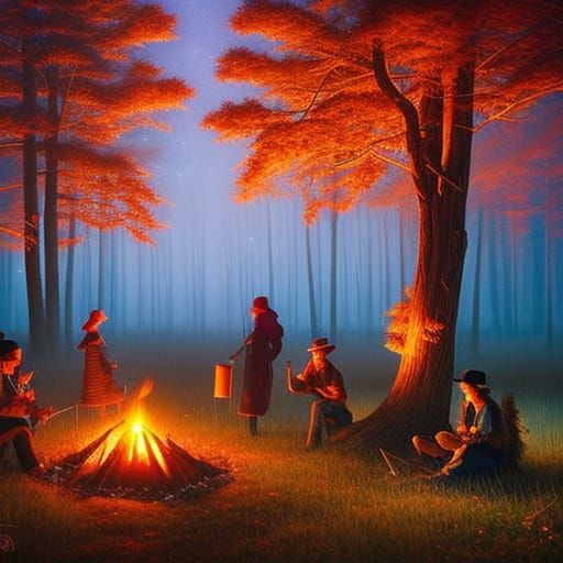 Enchanted Campfire Scene in Magic Realism Style