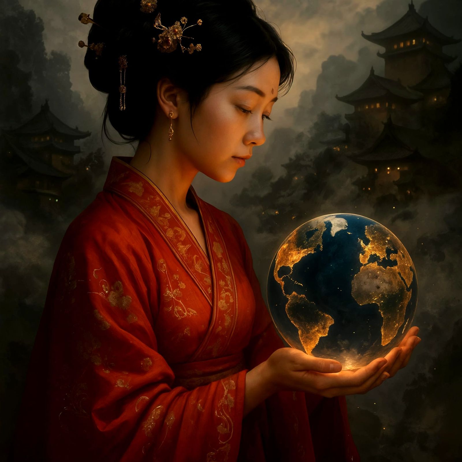 Woman Holds Earth in Digital Asian Painting