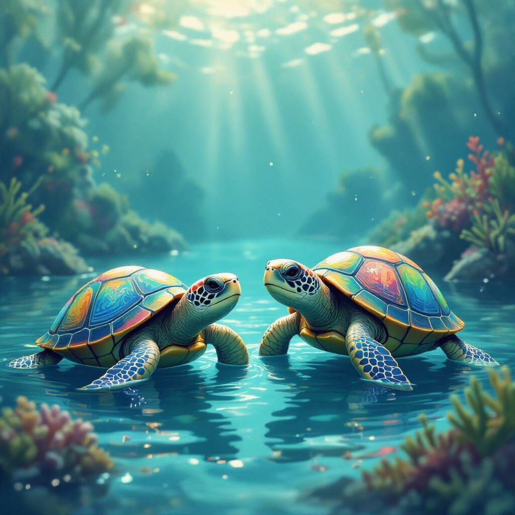Ocean Turtles in Dreamy Ethereal Underwater Scene