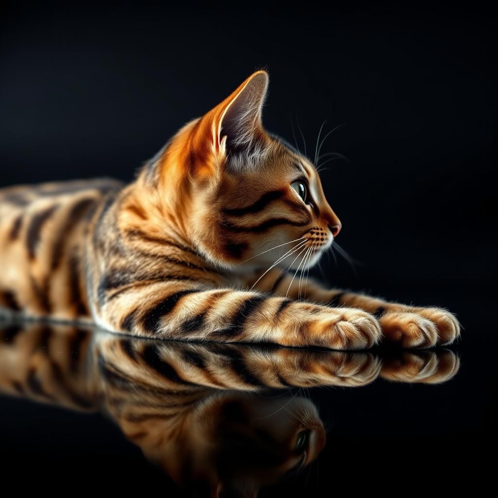 Hyperrealistic Bengal Cat on Glossy Black Background