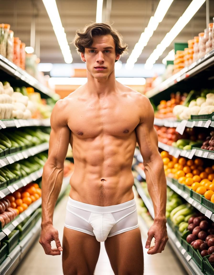 Muscular Man in Supermarket Aisle, Eggleston Style