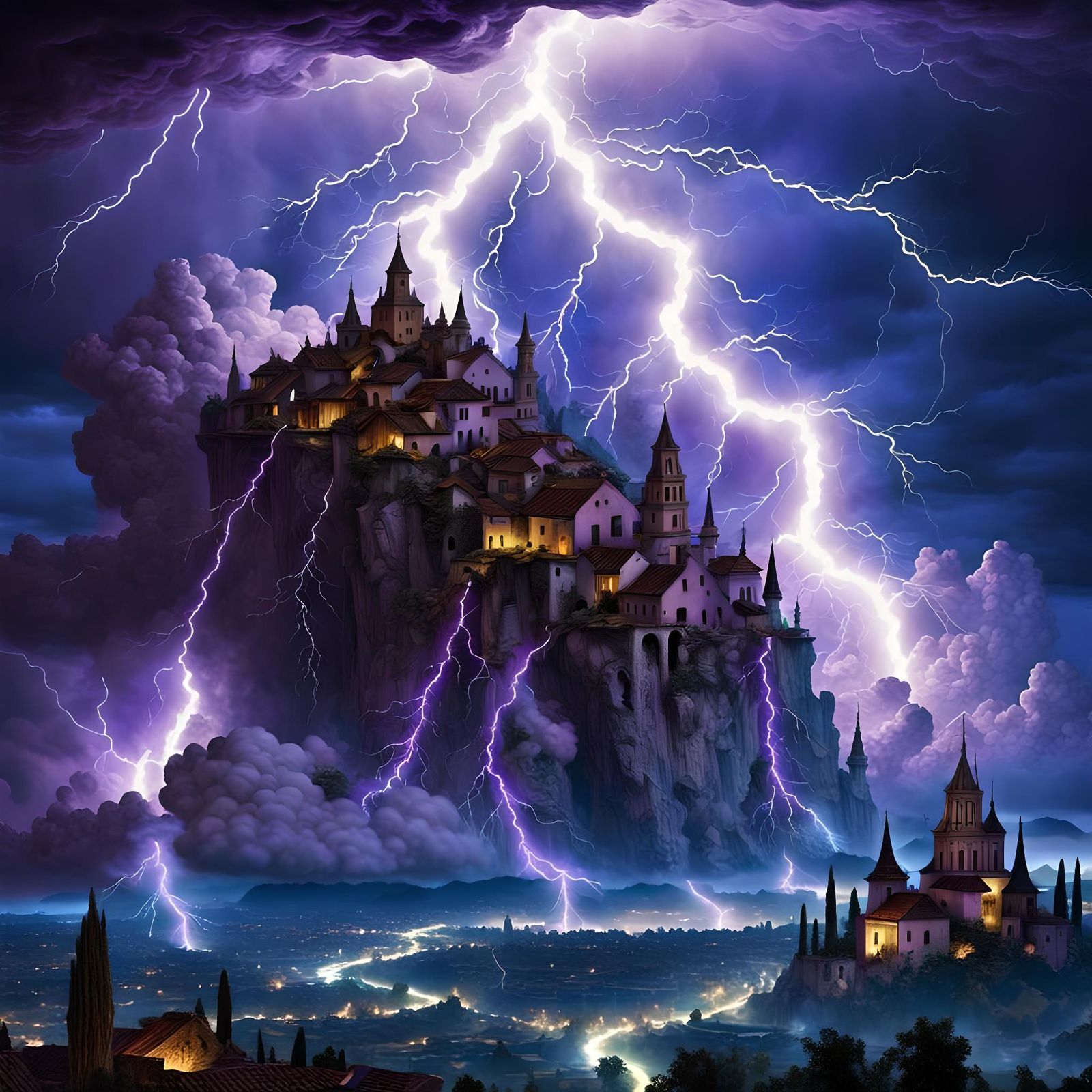 Psychedelic Jupiter Village Under Lightning Storm