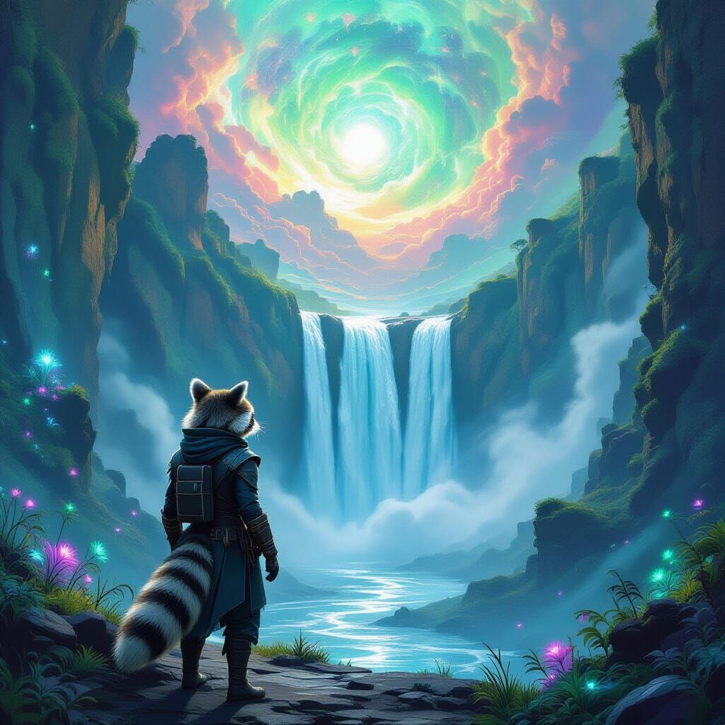 Raccoon Traveler on Alien Planet Overlooking Nebula Waterfal...
