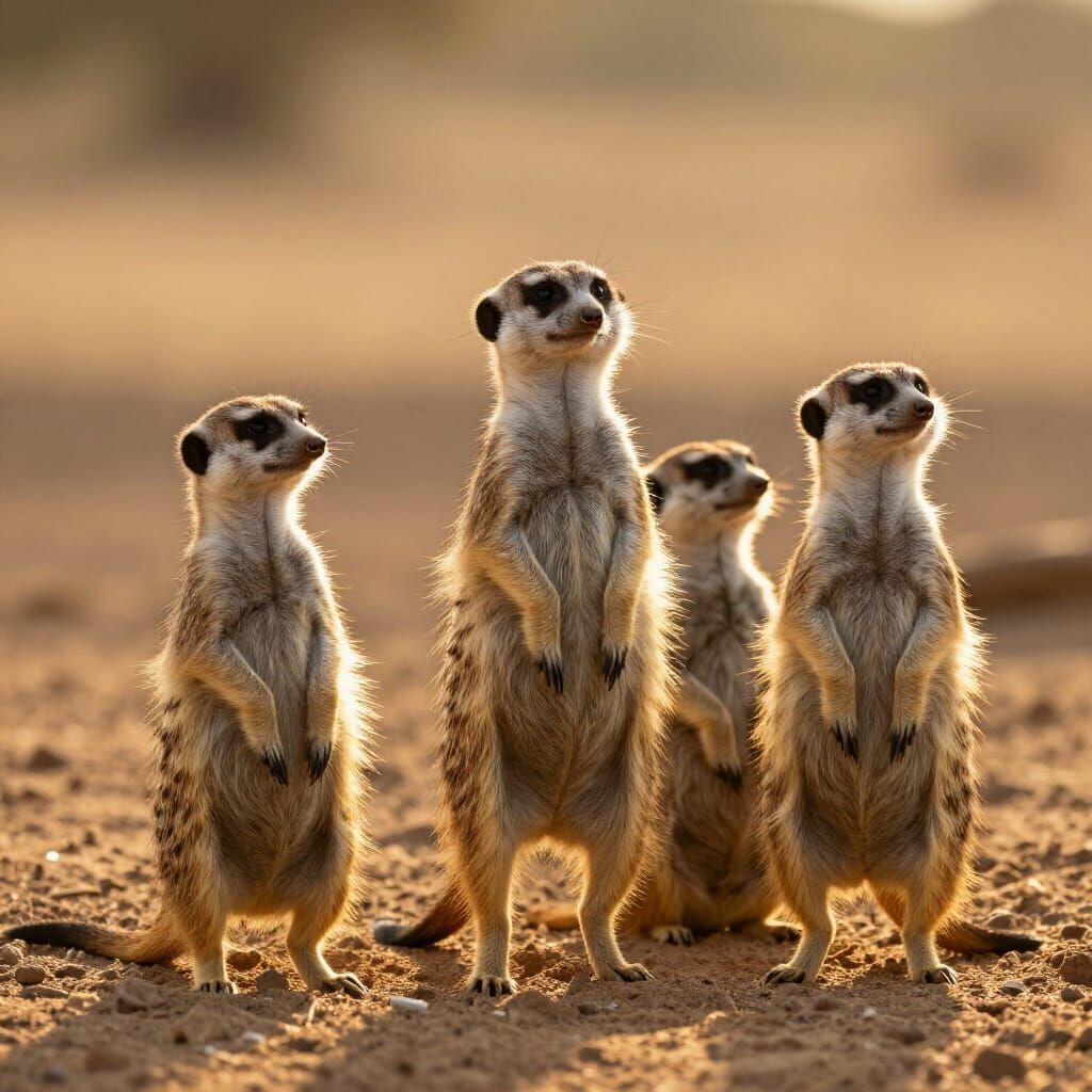 Alert Meerkat Family in Golden Hour Savanna