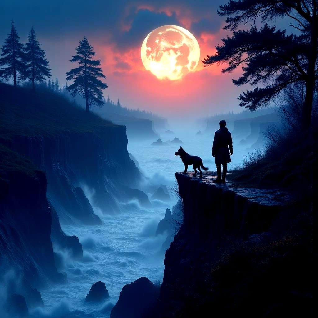 Moonlit Silhouette: Boy and Dog in Gothic Fantasy