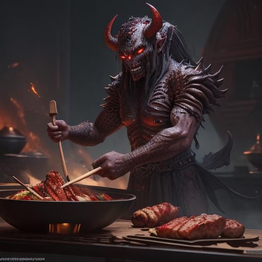Demonic Chef Prepares Kebab: Fantasy Concept Art