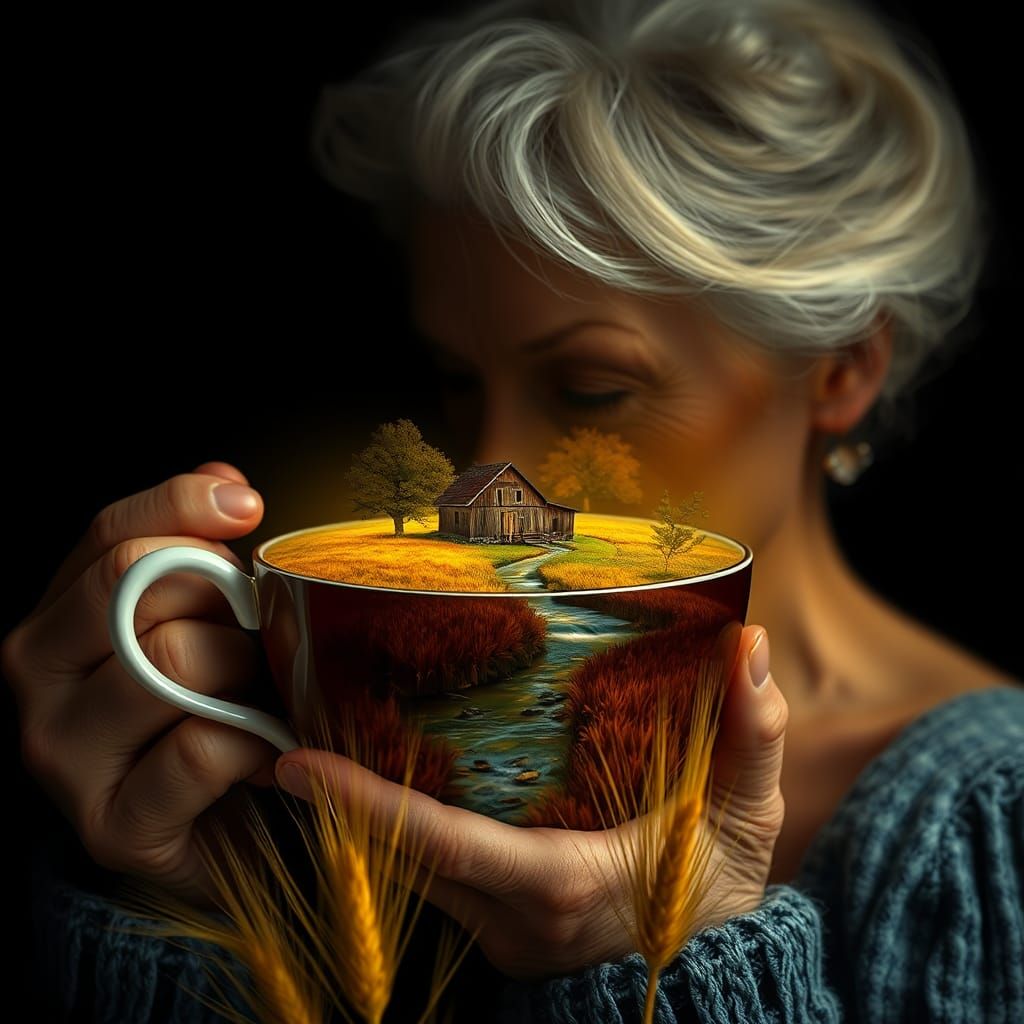 Hyperrealistic Portrait: Woman's Teacup Farmhouse Scene