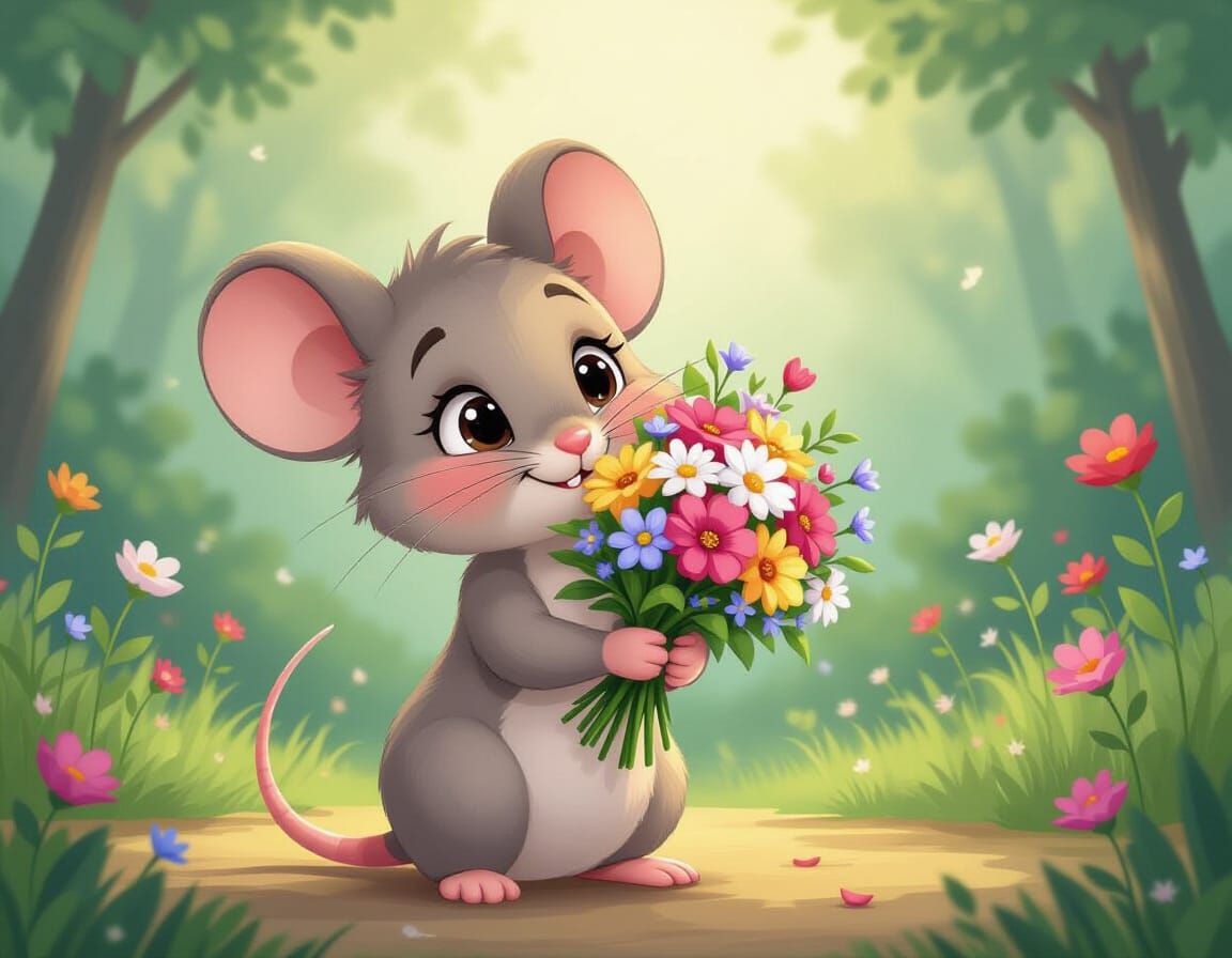 Shy Cartoon Mouse with Flowers