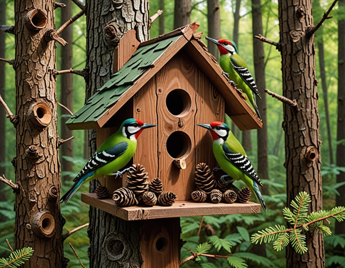 Woodpeckers Constructing a Birdhouse in Forest