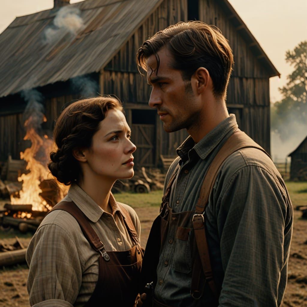 Dramatic Embrace Before Burning Barn, 1930s Film