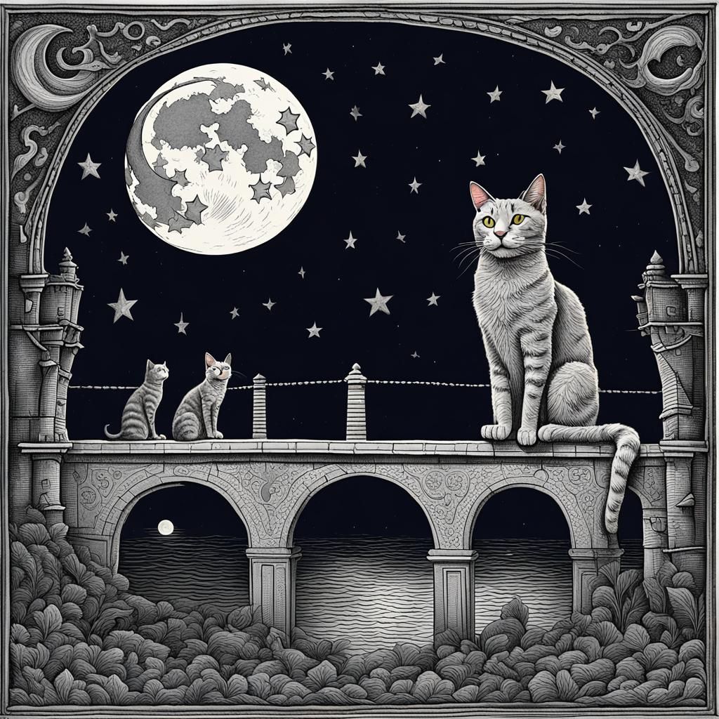 Cat and Moon Conversation in Fantasy Concept Art