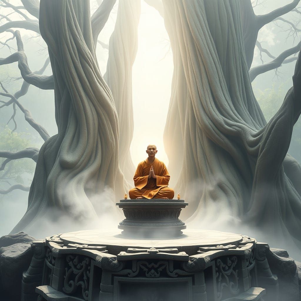 Meditative Monk in a Sacred Nature Sanctuary