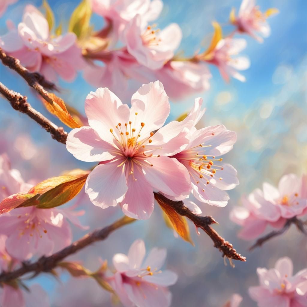 Close-Up Cherry Blossom in Sunlight: Oil Painting