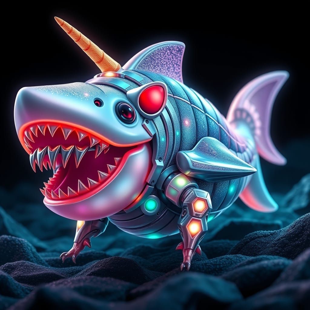 Bizarre Chibi Shark-Hamster Hybrid in Bioluminescent Armor