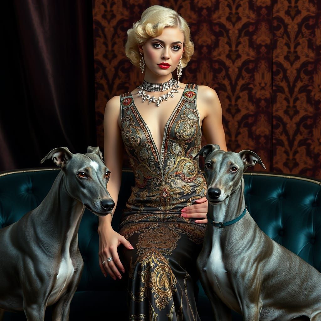 Elegant Art Deco Lady with Greyhounds in Luxurious Velvet Hu...