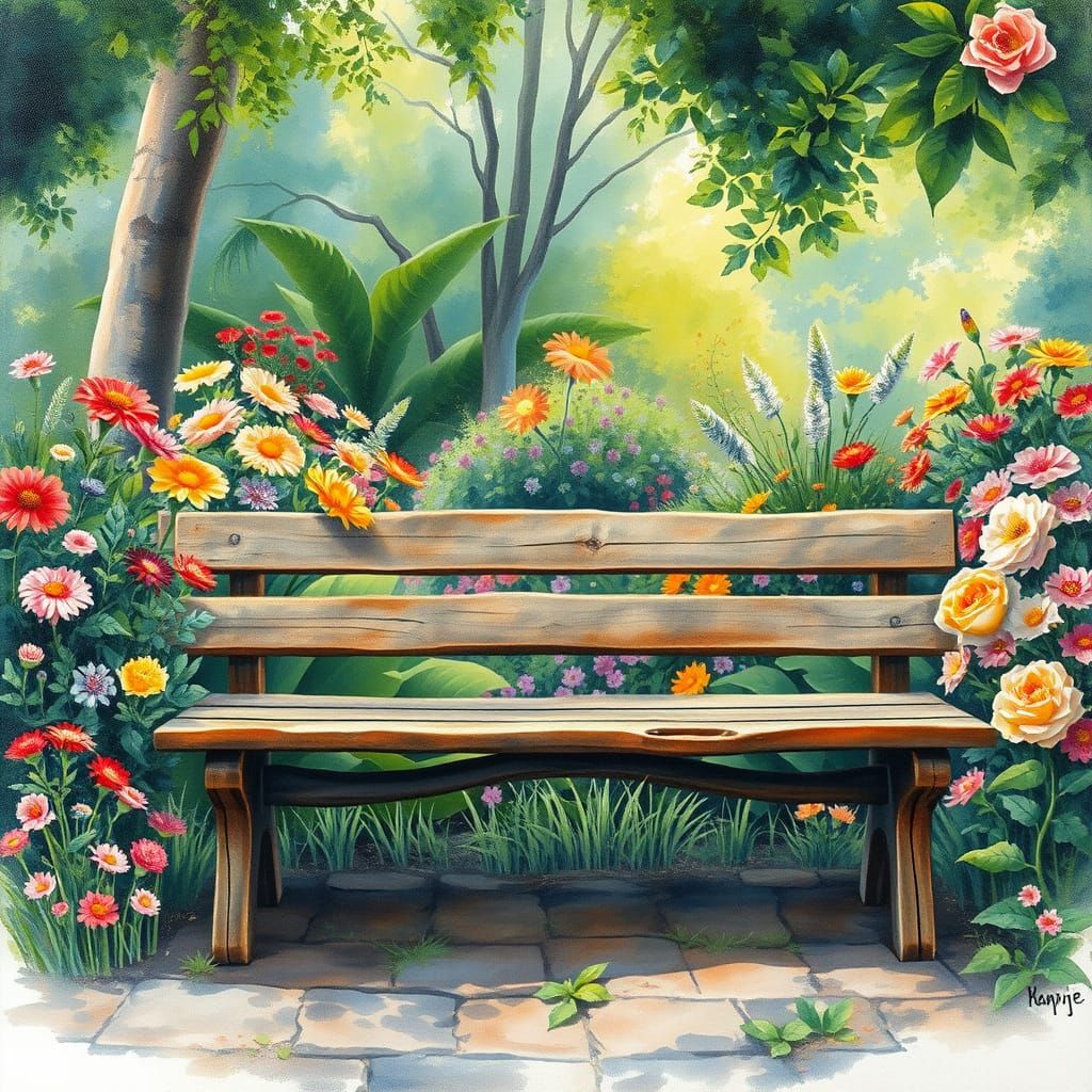Floral Park Bench in Hyperdetailed Charcoal Drawing Style