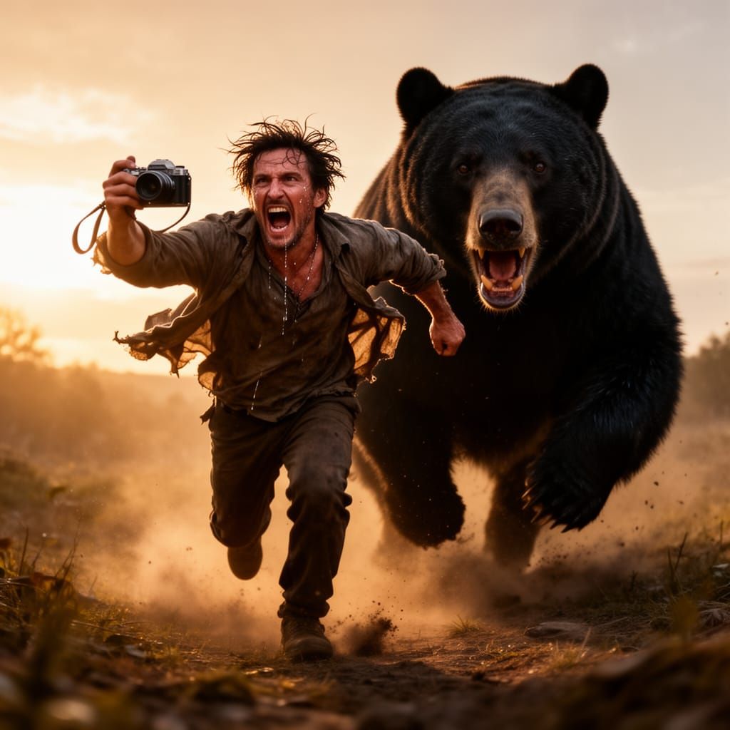 Man Running From Bear While Taking Selfie