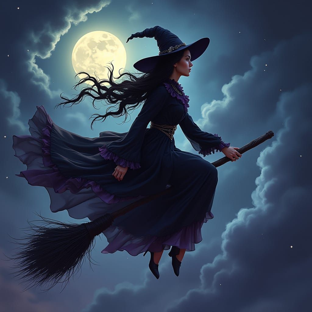 Gothic Witch Rides Broom Under Full Moon