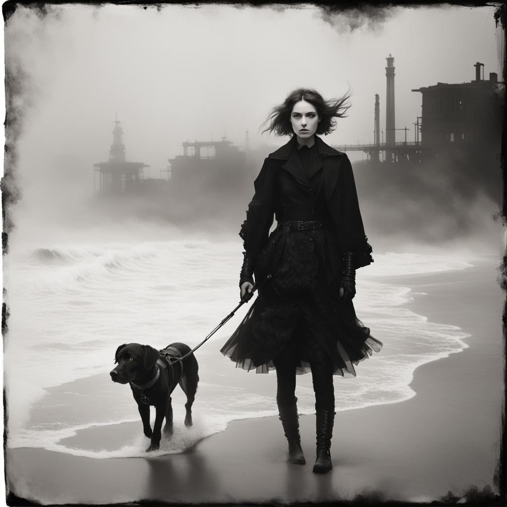 Goth Model in Neon-Lit, Waterhouse-Style Landscape