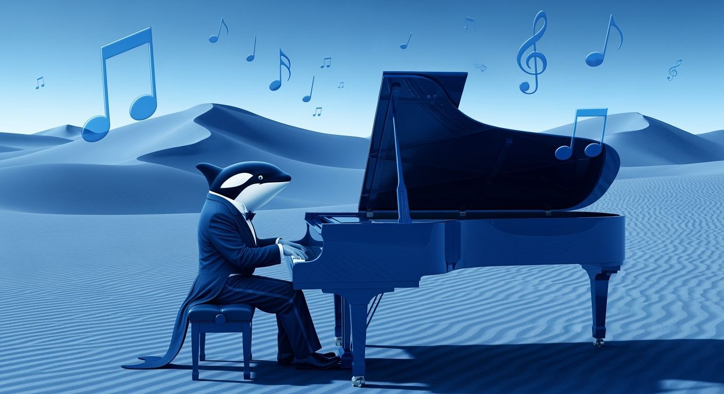 Surreal Orca Plays Piano in Blue Desert