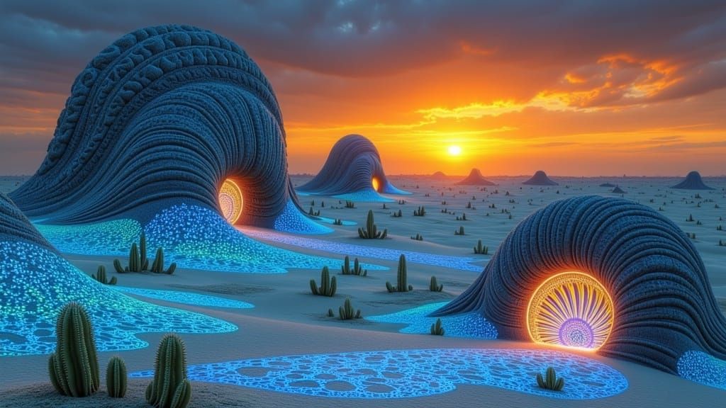 Surreal Desert Landscape with Bioluminescent Sands and Alien...