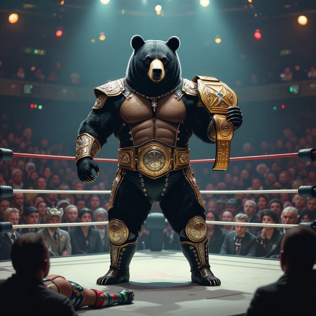 Steampunk Luchador Bear Victorious in Wrestling Ring