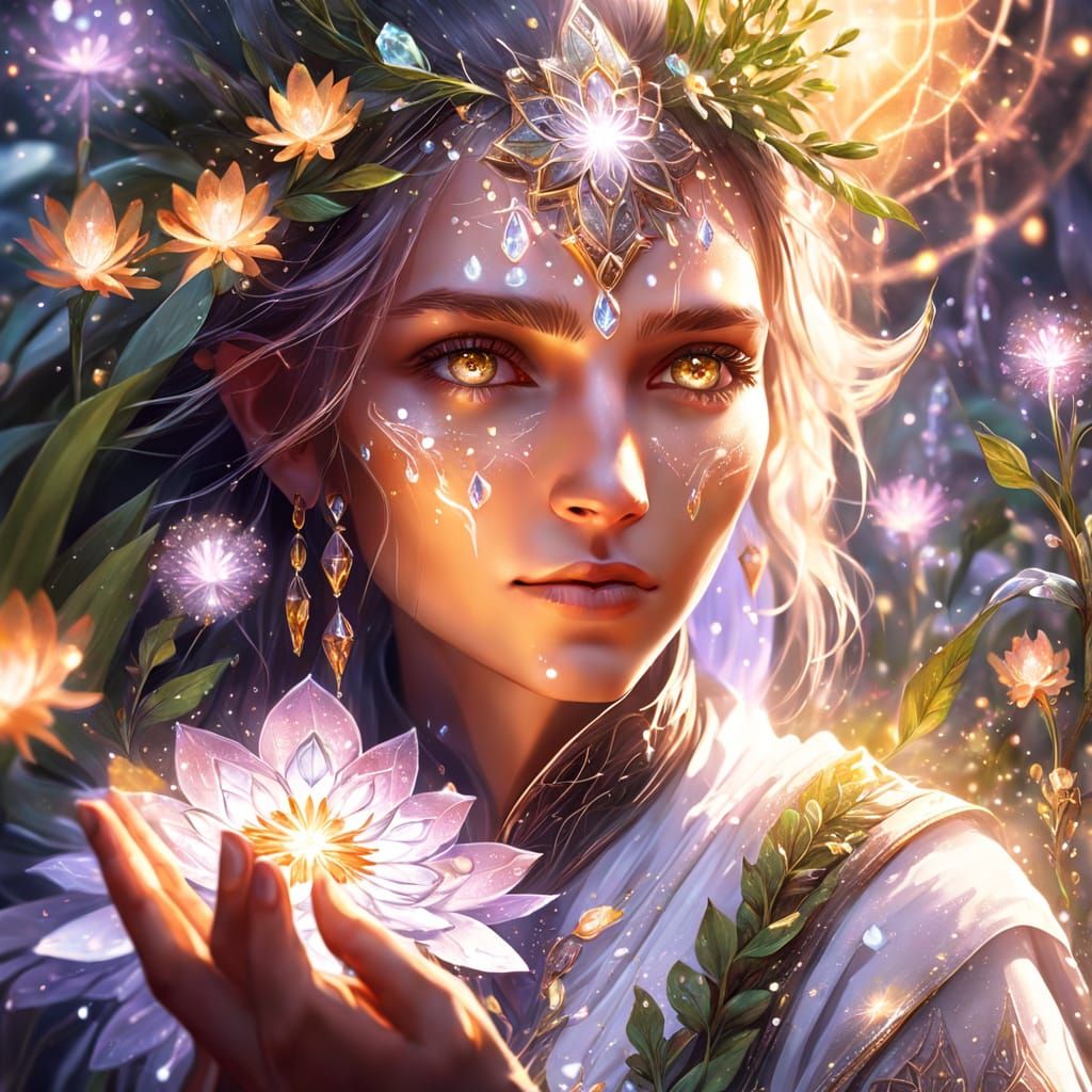 Young Druid-Alchemist Examines Rare Flower: Digital Art