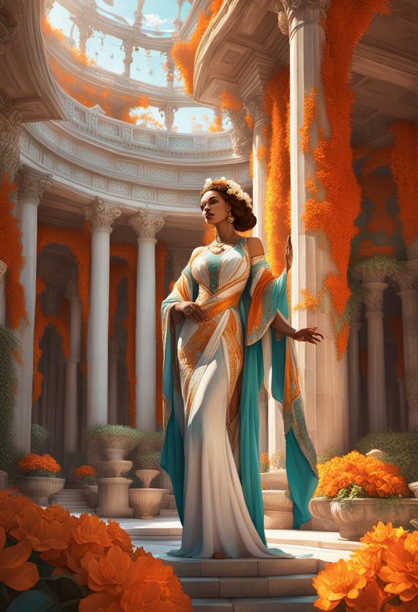 Woman in Ornate Dress with Flowers, Art Nouveau Style