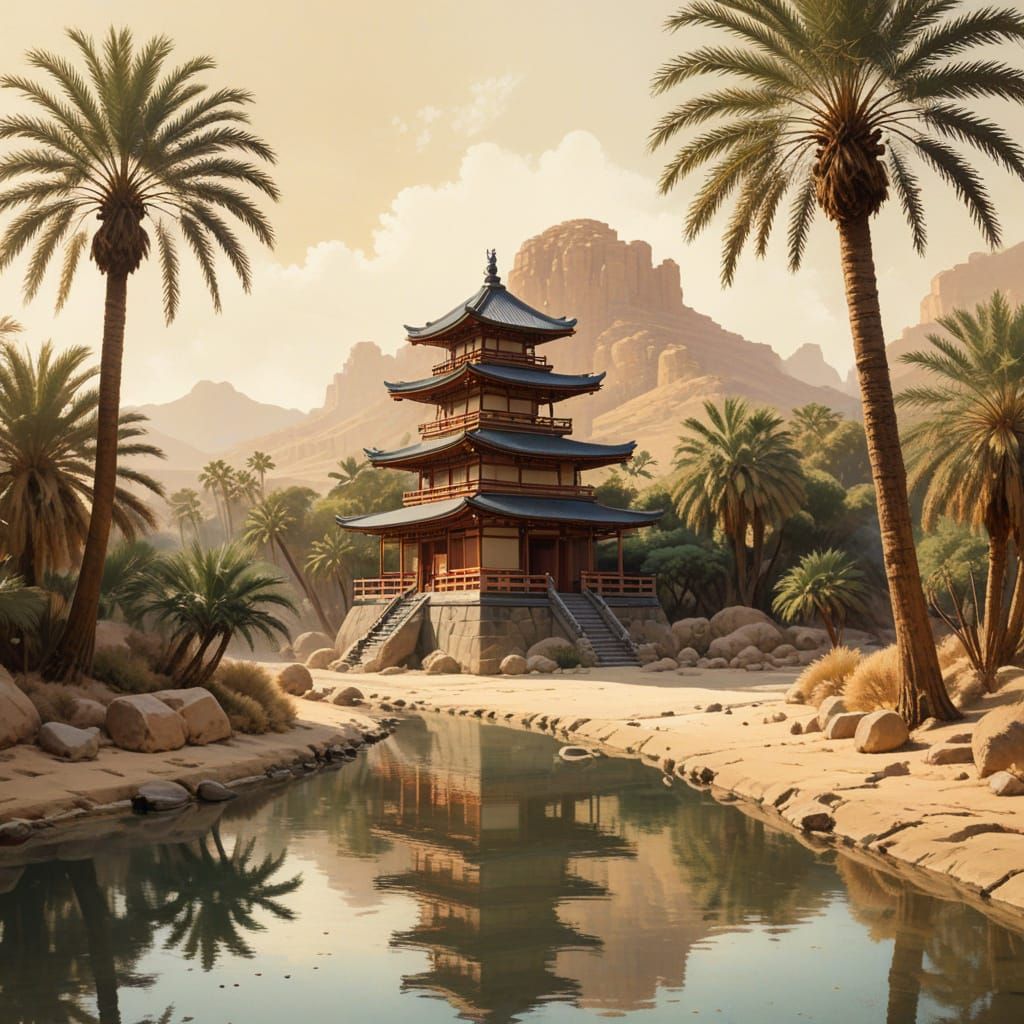 Desert Temple in Nihonga Style Illustration