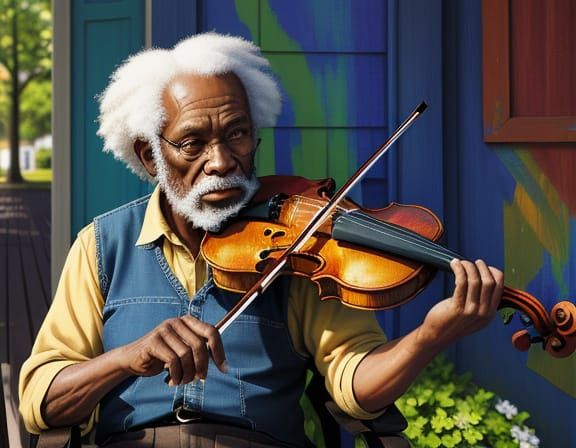 Elderly Violinist Plays Violin on Sunny Porch