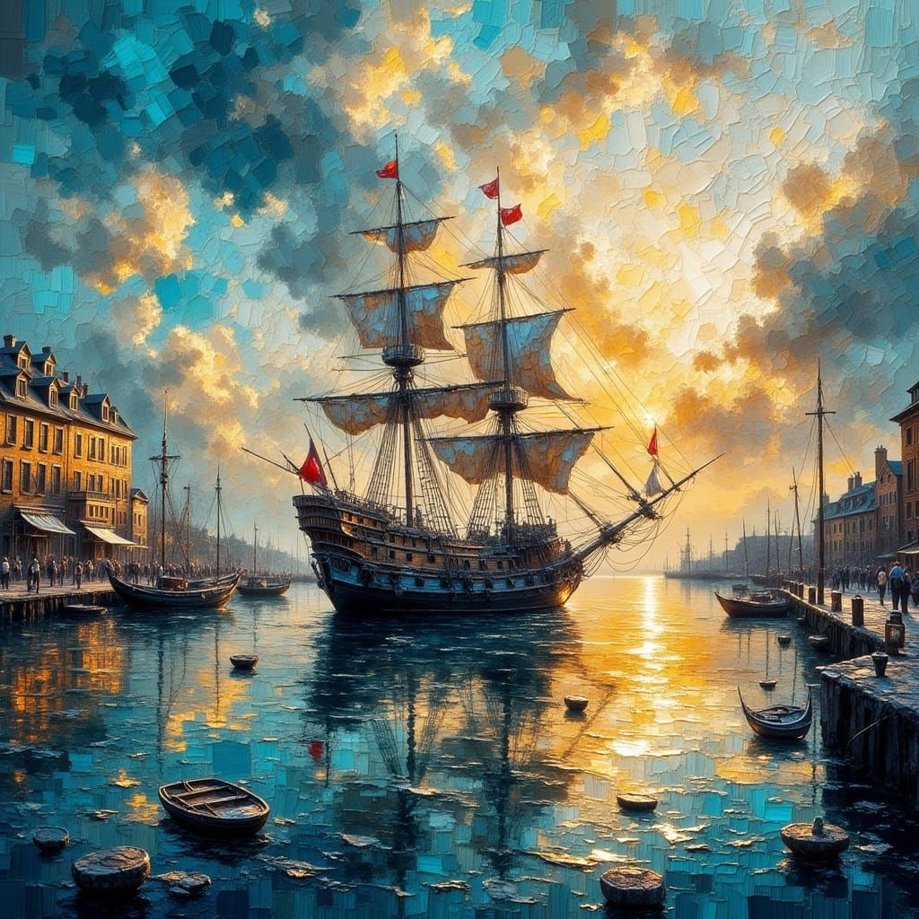 Galleon in Harbor as Textured Oil Painting