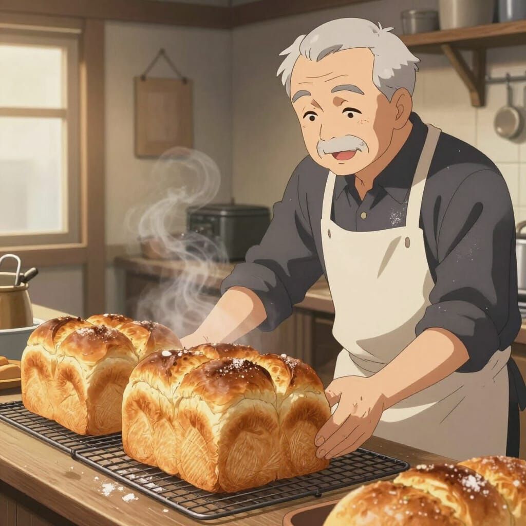 Elderly Baker with Fresh Bread in Cozy Kitchen