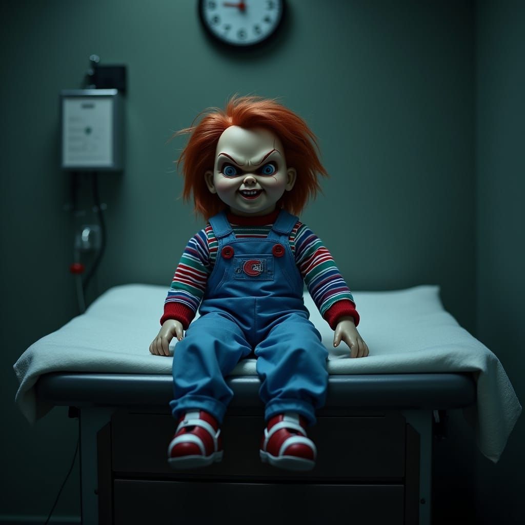 creepy chucky doll sitting on a medical exam table, blue hos...