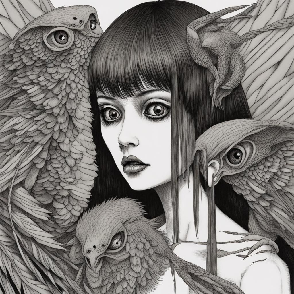Junji Ito Style Harpy Woman Drawing