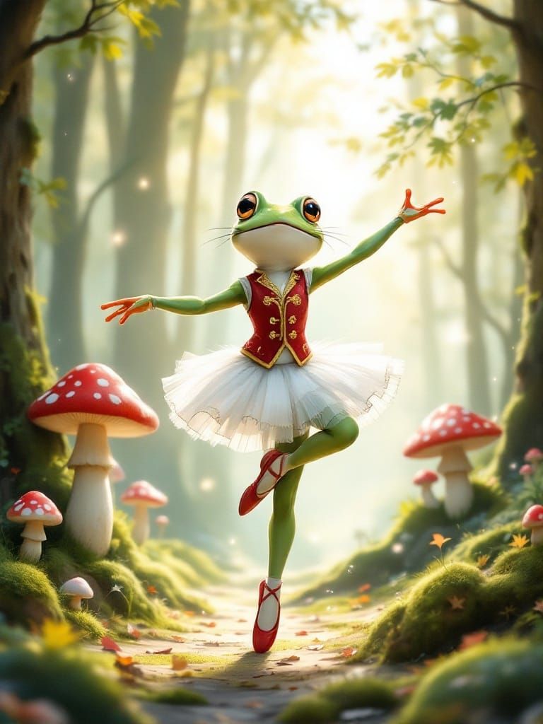 Whimsical Frog Ballerina in Enchanted Forest