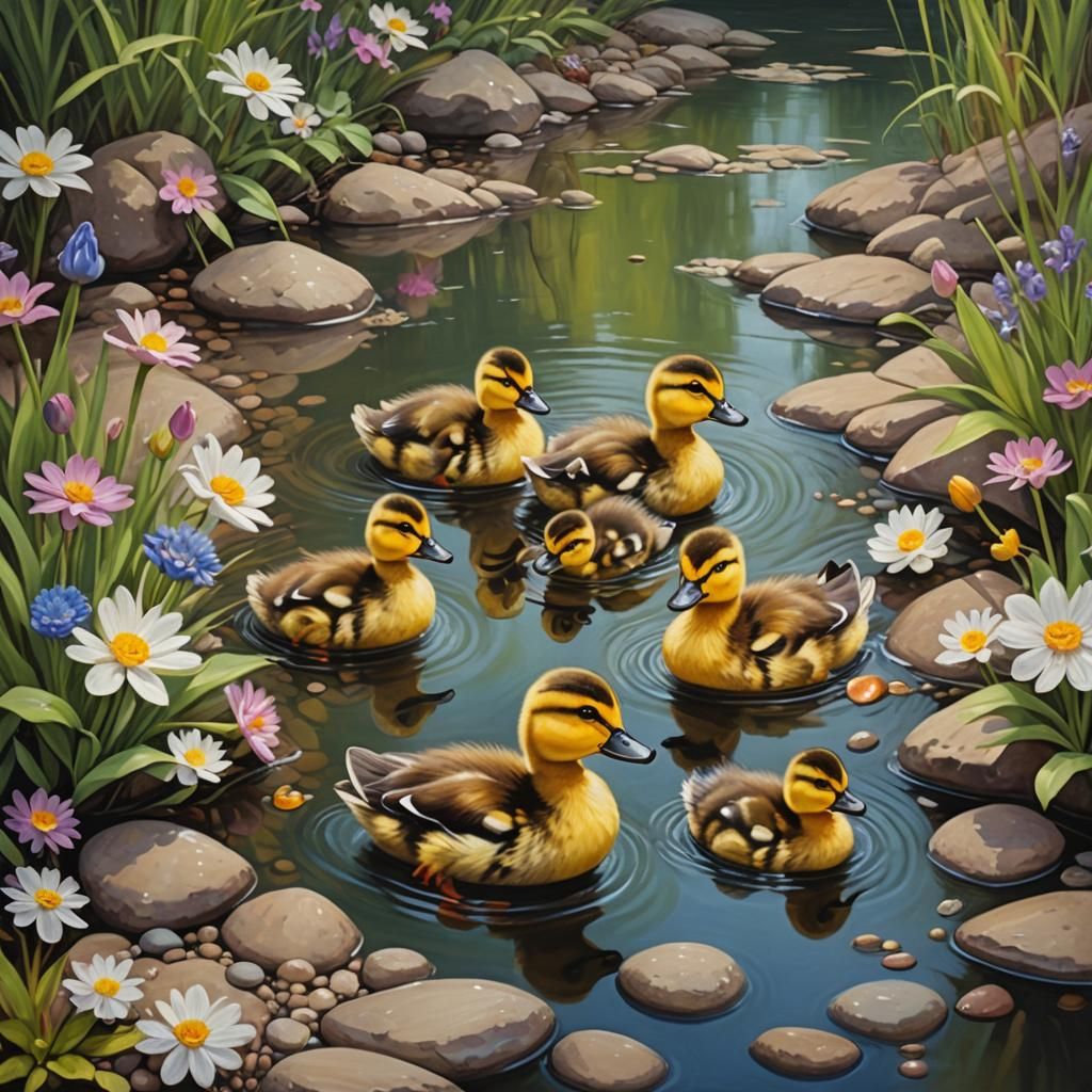 Ducklings in Forest River: Oil Painting