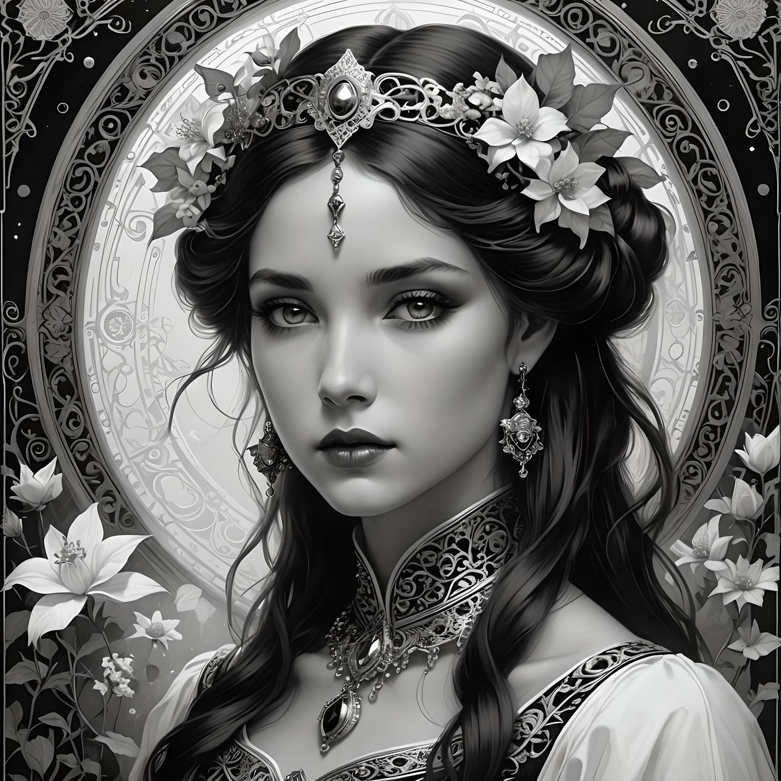 Intricate Black and White Fairytale Portrait Illustration