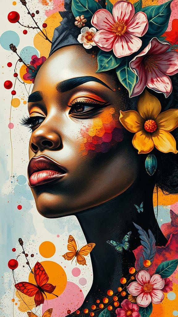 Fantasycore Decoupage of African Woman with Watercolor Textu...