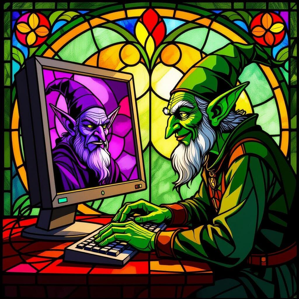 Green Goblin at Computer in Vibrant Stained Glass Art