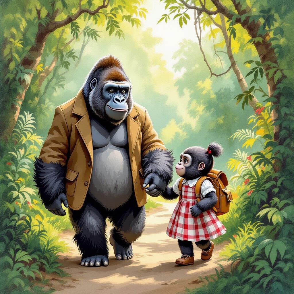 A dad gorilla walking his daughter gorilla to school