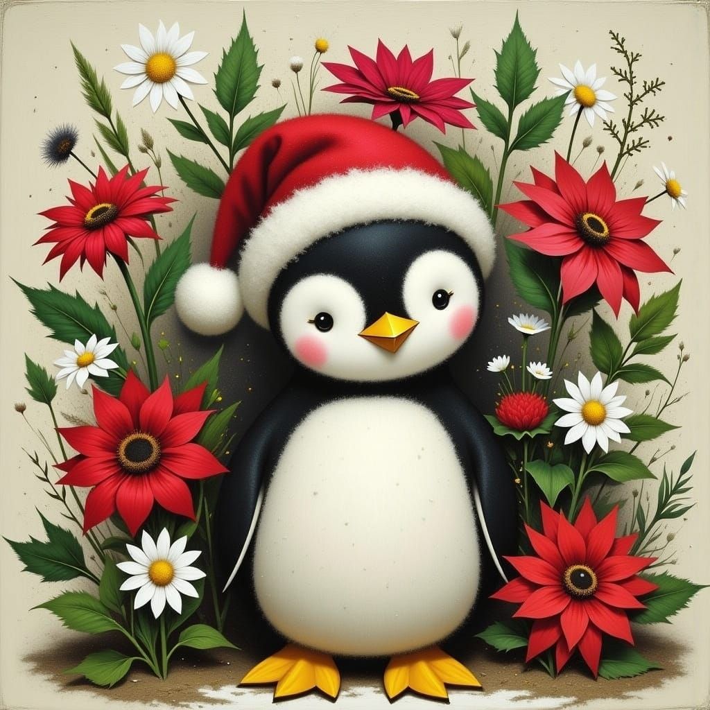 Festive Penguin in Christmas Floral Folk-Art Style