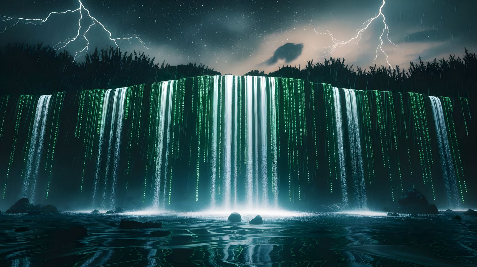Surreal Matrix Code Waterfall Glows with Green God Light in ...
