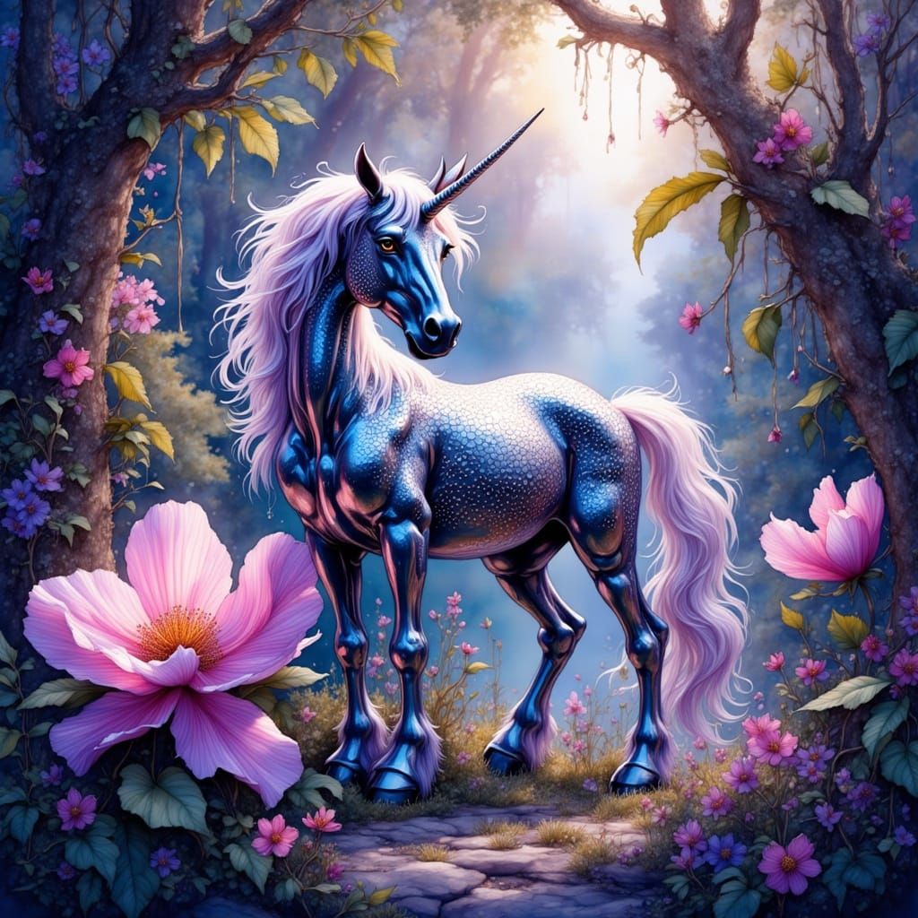 Chrome Unicorn in Bioluminescent Jungle, Art Nouveau Style