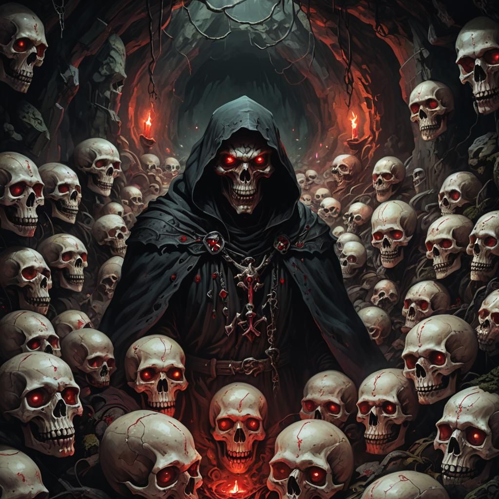 Demonic Figure in Skull Cavern: Dark Fantasy Art