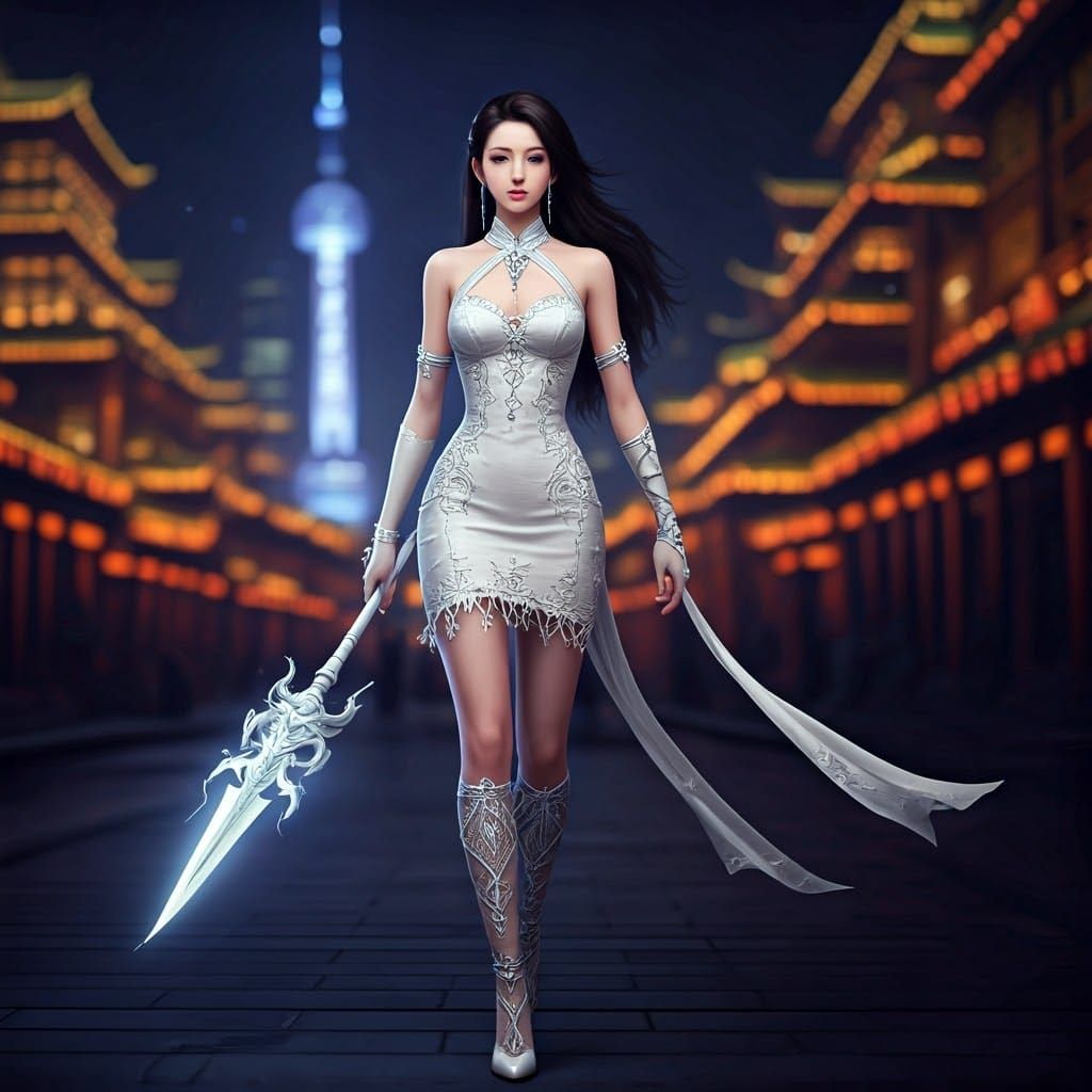 Elegant Shanghai Night Goddess with White Lace and Silver Ar...
