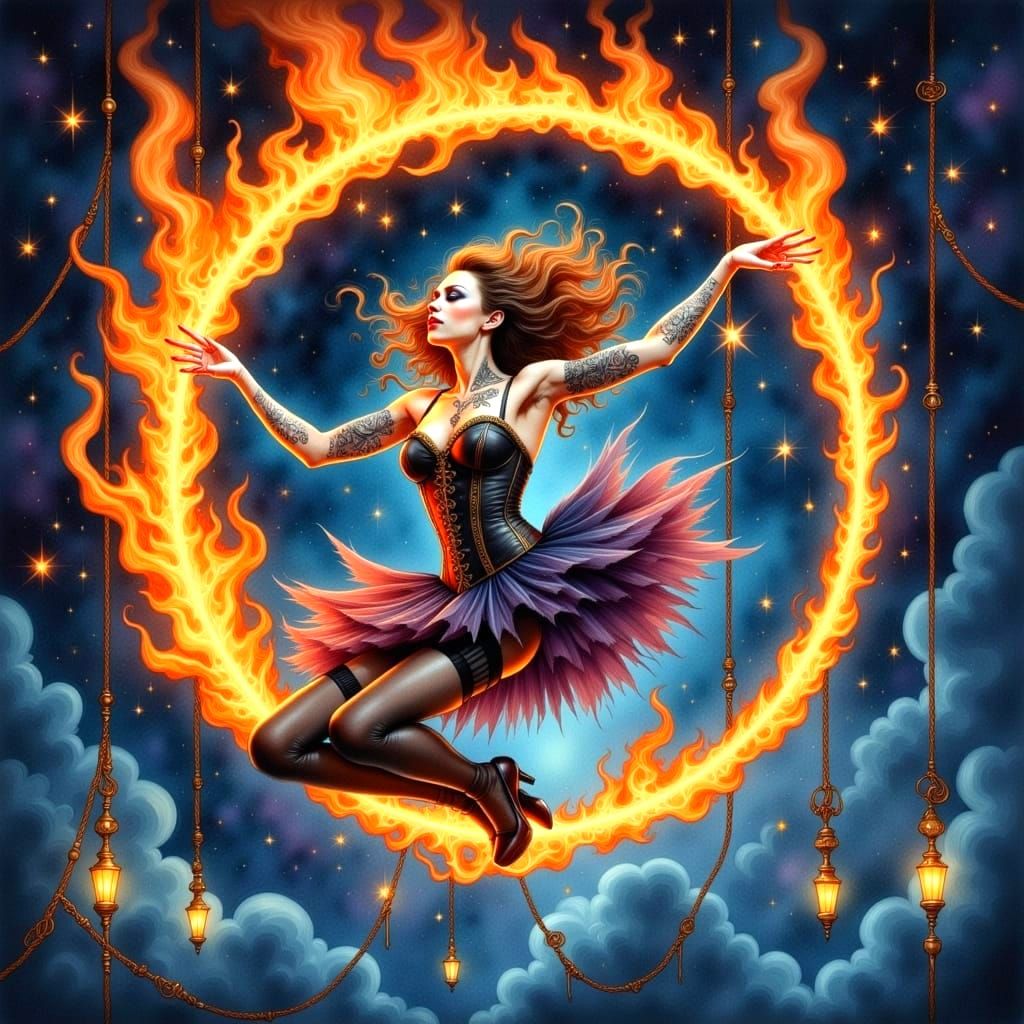 Gothic Circus Acrobat Soars Amidst Starry Heights