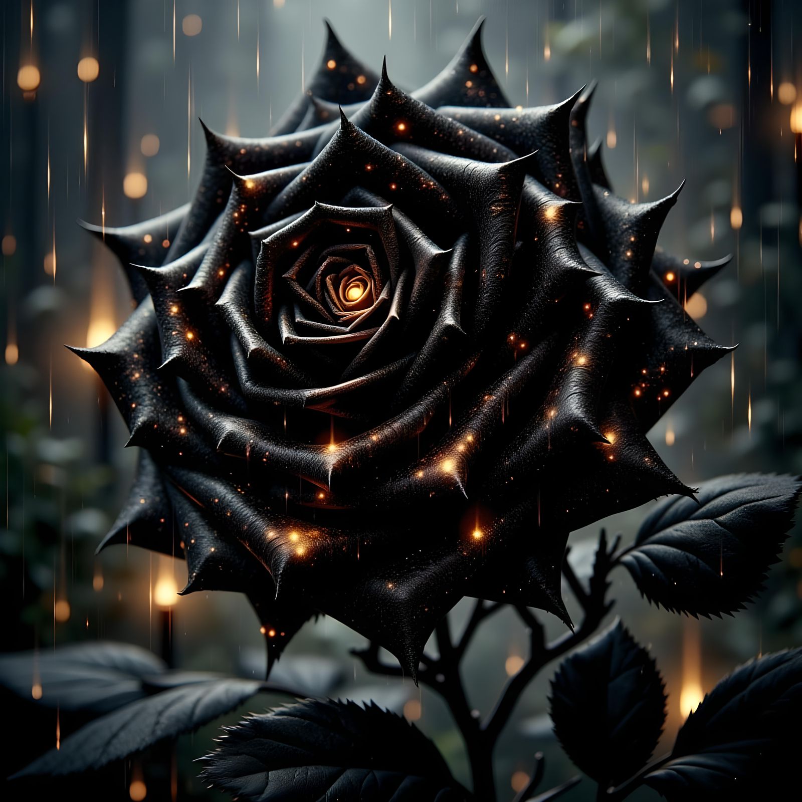 Enchanted Black Rose with Gold Glyphs in Rain